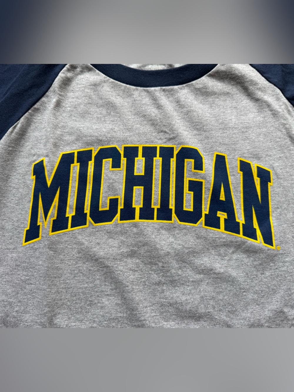 University of Michigan raglan t-shirt grey navy blue 3/4 length sleeves size L - Picture 2 of 7